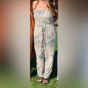 Veronica M, medium multicolored strapless jumpsuit, ties at waist
